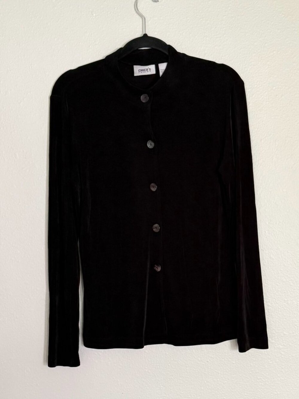 Chico's Travelers Black Velvet 2 Pc Set Top & No Tummy Pants Pant Suit Size 1